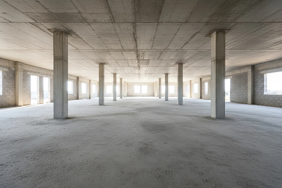 Intérieur de maison en cours de finition avec escalier en béton brut et murs en plaques de plâtre non peints