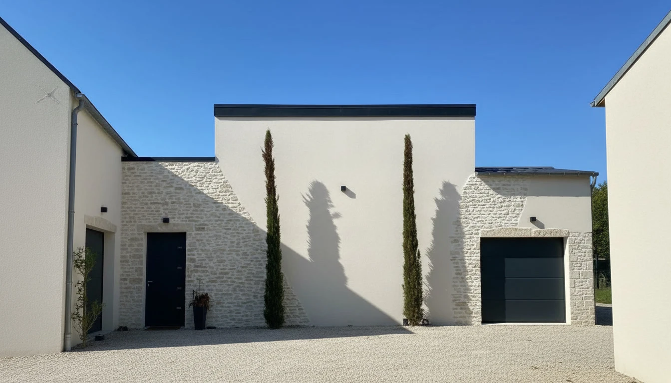 Maison contemporaine à étage avec façade beige crème, toiture en tuiles métalliques grises et gouttières blanches