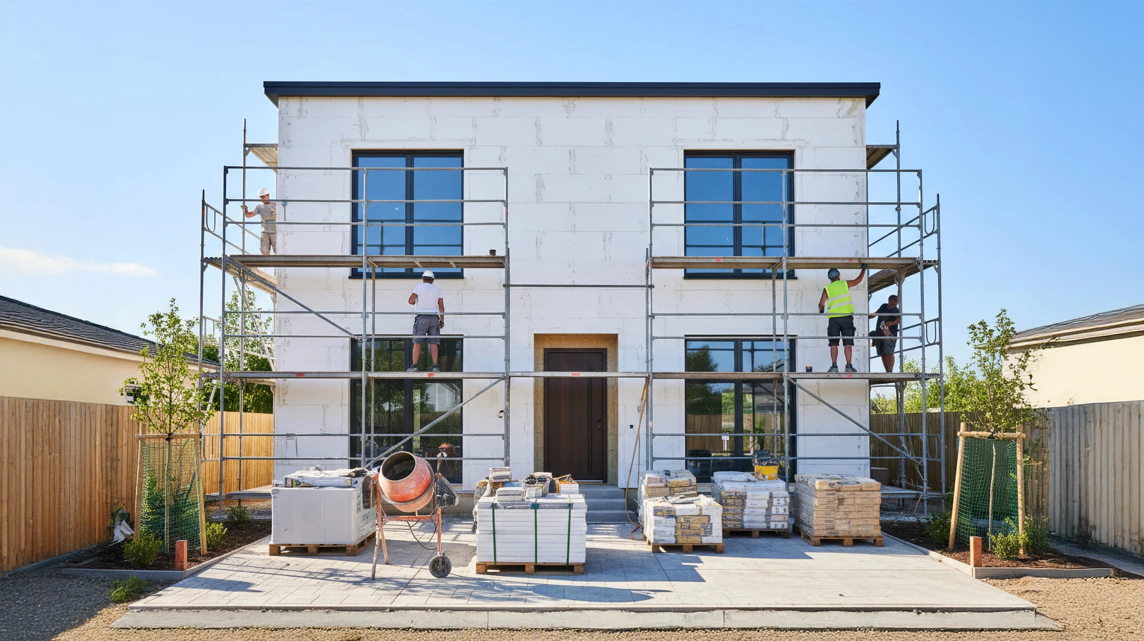 Extérieur d'une habitation résidentielle sous ciel bleu dégagé