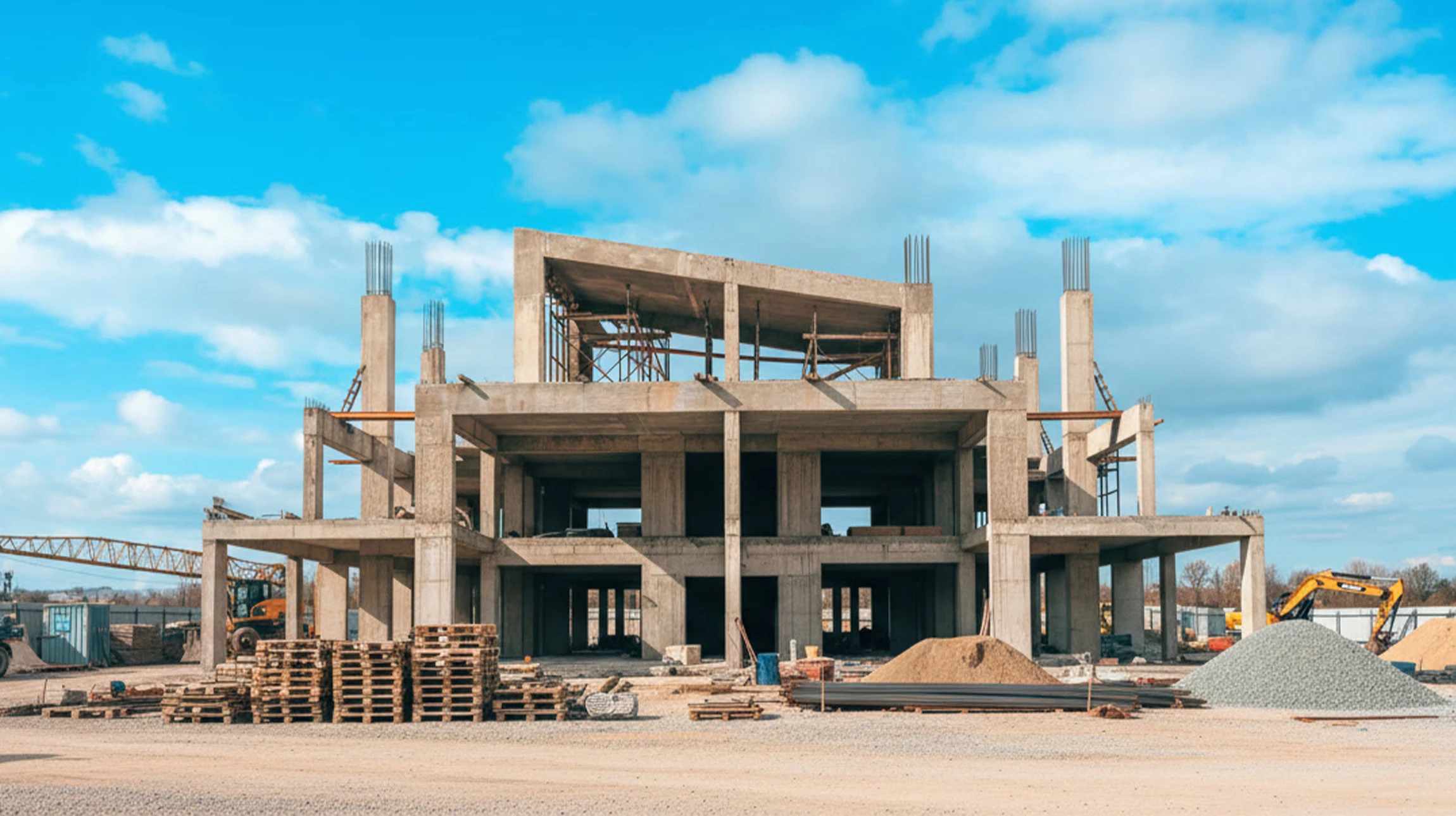 Chantier de construction extérieur avec coulage de béton frais par camion-toupie sur ferraillage d'armature métallique