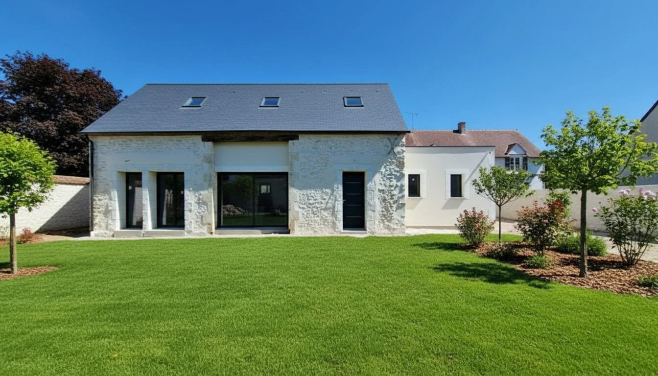 Maison contemporaine avec architecture moderne à toit double pente, façade blanche et grandes baies vitrées