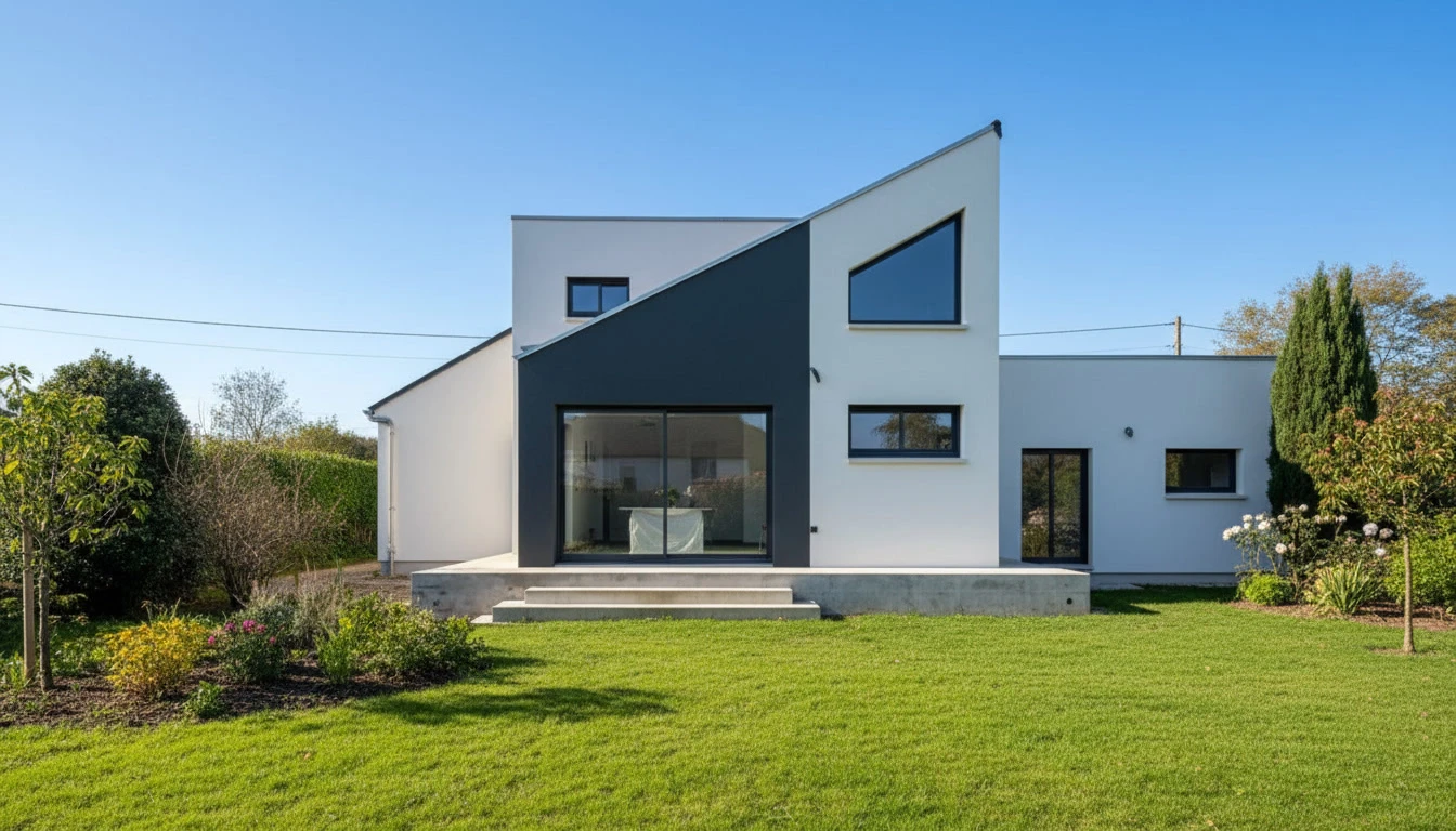 Chantier de r&eacute;novation ext&eacute;rieure d'une maison individuelle &agrave; deux &eacute;tages avec &eacute;chafaudage m&eacute;tallique rouge install&eacute; sur la fa&ccedil;ade