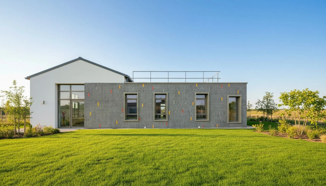 Maison traditionnelle europ&eacute;enne &agrave; colombages avec fa&ccedil;ade jaune et volets bois