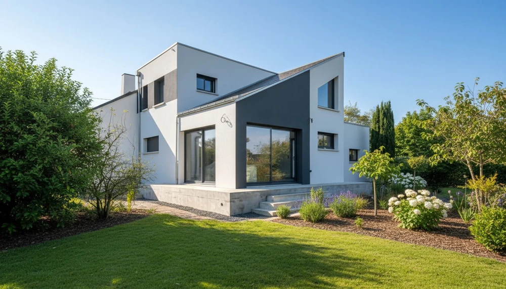 Façade de bâtiment en cours de rénovation avec murs en pierre apparente partiellement recouverts d'enduit blanc écaillé
