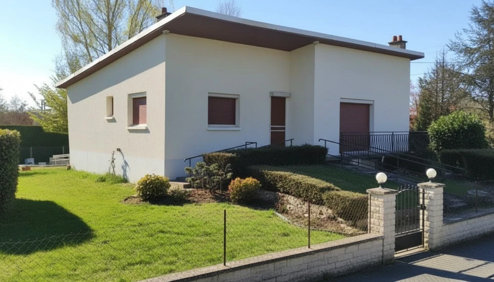 Maison moderne à façade blanche avec portes-fenêtres coulissantes, volets roulants et escalier en pierre